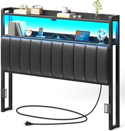 Rolanstar Headboard for Full Size Bed with Storage, 60,000 DIY Color of LED Light, Head Board with USB & Type C Port, Height Adjustable, Black Upholstered Cabeceras de Cama Comfortable Modern, Leather