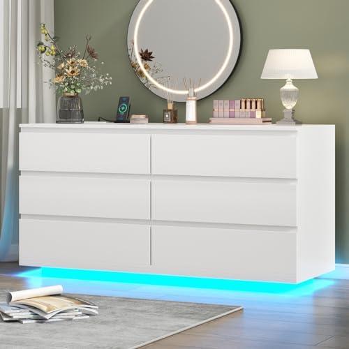 6 Drawer Dresser with Power Outlet, Floating White Dresser Chest of Drawer with LED Light,Modern Double Wide Drawer Organizer Cabinet for Bedroom,Living Room (White)