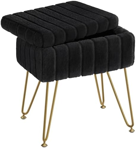 Greenstell Vanity Stool Chair Faux Fur with Storage, 15.7"L x 11.8"W x 19.4"H Soft Ottoman 4 Metal Legs with Anti-Slip Feet, Furry Padded Seat, Modern Multifunctional Chairs for Makeup, Bedroom Black