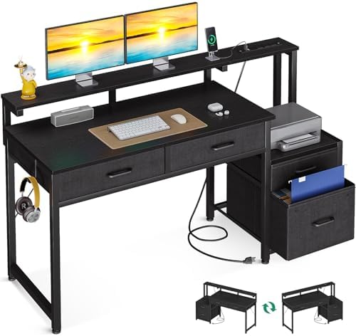 AODK Computer Desk with 4 Drawers, 48 Inch Office Desk with Power Outlet, Home Office Desk with Printer Space & Monitor Stand, Work Desk Table for Home Office, Black