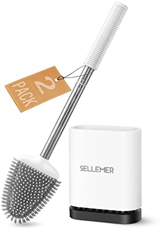 Sellemer Toilet Brush and Holder Set for Bathroom, Flexible Toilet Bowl Brush Head with Silicone Bristles, Compact Size for Storage and Organization, Ventilation Slots Base (2 Pack, Multicolor)