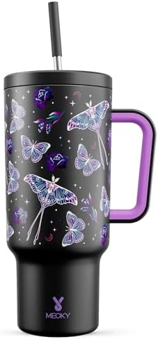 Meoky 40 oz Glow in the Dark Tumbler with Handle and Straw, Tumbler with Lid and Straw, Insulated Stainless Steel Travel Mug, 100% Leak-proof, Keeps Cold for 34 Hours (Butterfly)
