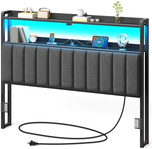 Rolanstar Headboard for Queen Size Bed with Storage, 60,000 DIY Color of LED Light, Head Board with USB & Type C Port, Height Adjustable, Black Upholstered Cabeceras de Cama Comfortable Modern, Linen