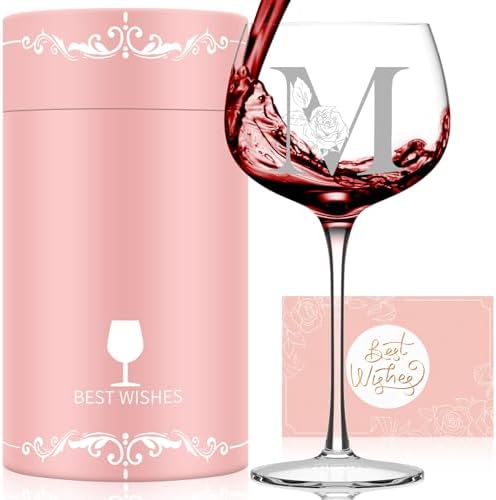 Personalized Gifts for Women, Monogrammed A-Z Wine Glass Customized Gift, Unique Christmas Birthday Gifts for Women Her Mom Friend Sister Wife Daughter Nurse (M)