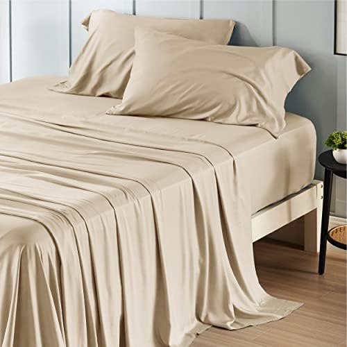 Bedsure Full Size Bed Sheets, Cooling Sheets for Full Size, Rayon Derived from Bamboo, Breathable & Soft Deep Pocket Up to 16 Inches, Hotel Luxury Silky Bedding, Bedsheet & Pillowcases, Beige