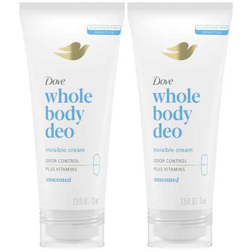Dove Whole Body Deo Aluminum Free Invisible Cream Deodorant Unscented for 72h Odor Control, 2.5 oz (Pack of 2)