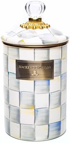 MACKENZIE-CHILDS Large Enamel Canister, Kitchen Storage Container for Flour and Sugar, 1.89 Liters, Grey-and-White Sterling Check