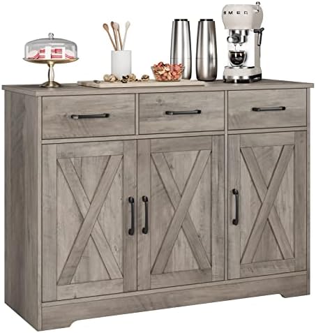 HOSTACK Modern Farmhouse Buffet Sideboard Cabinet, Barn Doors Storage Cabinet with Drawers and Shelves, Wood Coffee Bar with Storage for Dining Room, Kitchen, Living Room, Ash Grey