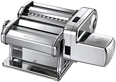 MARCATO Made in Italy Atlasmotor 110V Electric Pasta Machine, Chrome Steel. Set includes Atlas 150, handcrank, clamp, Pastadrive motor, and instruction manual