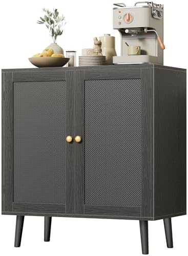 Huuger Buffet Cabinet with Storage, Storage Cabinet with PE Rattan Decor Doors, Accent Sideboard Buffet with Solid Wood Feet, for Hallway, Entry, Living Room, All Black