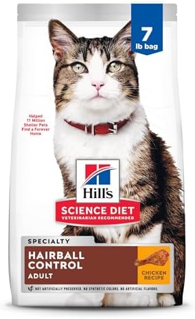 Hill's Science Diet Hairball Control, Adult 1-6, Hairball Control Support, Dry Cat Food, Chicken Recipe, 7 lb Bag