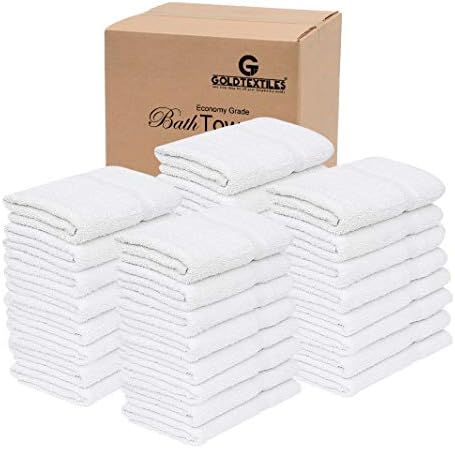 GOLD TEXTILES 60 White Economy Bath Towels Bulk (24x48 Inch) Cotton Blend for Softness-Commercial Grade Easy Care