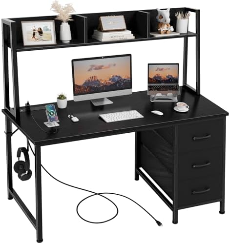 Black Computer Desk with Hutch & Drawers - Office Desk with 3 Storage Drawers and Power Outlets, 47 Inch Modern Study Writing Desk for Bedroom Home Office