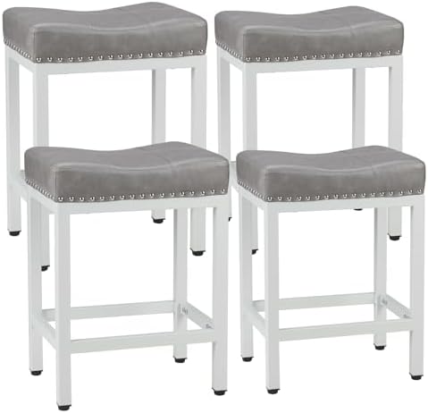Sweetcrispy Bar Stools Set of 4, 24 Inch Counter Height Stools, PU Leather Upholstered Bar Chairs with Footrest, Modern Bar Stools for Kitchen Island, Dining, Living Room, Grey