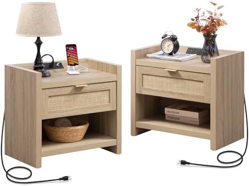 SICOTAS Rattan Nightstands Set of 2 Bedside Table - Boho Night Stand with Type-C Charging Station, Wicker Decor Drawer Storage End Table Night Stands for Bedroom - Light Oak
