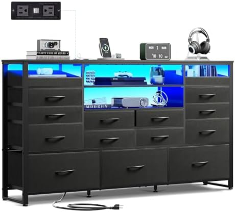 WLIVE Black TV Stand for 55, 60, 65 inch TV, Entertainment Center with LED Lights & Charging Station, TV Media Console Table with 15 Fabric Drawers and Open Shelves for Living Room, Hallway, Wood Topm
