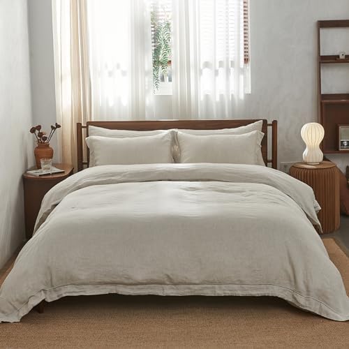 Simple&Opulence 100% Washed Linen Duvet Cover with Embroidered,3 Pieces Soft Farmhouse Comforter Set with Button Closure,1 Duvet Cover and 2 Pillowshams(Queen,Natural Linen)