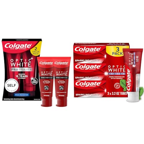 Colgate Optic White Pro Series Whitening Toothpaste with 5% Hydrogen Peroxide & Optic White Advanced Teeth Whitening Toothpaste, 2% Hydrogen Peroxide Toothpaste, Stain Prevention, 2 Pack