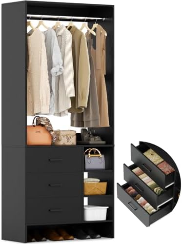 Aheaplus 2.5FT Closet System with 3 Drawers, 29.5’’ Closet Organizer, Wood Closet Organizer System, Walk-in Closet or Small Closets Wardrobe, Clothes Rack with Hanging Rods,-E6, Black