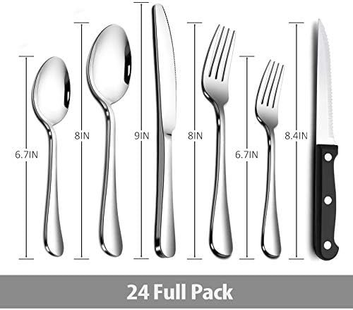 Teivio 24 Piece Silverware Set, Flatware Utensils Set Mirror Polished, Dishwasher Safe Service for 4, Include Knife/Fork/Spoon/Steak Knife/Wire Mesh Steel Cutlery Holder Storage Trays (Black Tray)