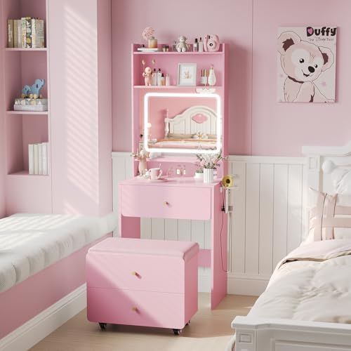 Vabches Small Vanity Desk Set with 3 Adjustable Lighted Mirror and Storage Chair, Vanity Set with Charger Station, Small Spaces Vanity Table for Bedroom,Pink