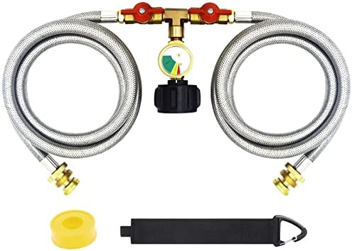 Upgraded 5FT Propane 2 Way Splitter Adapter Hose Stainless Braided Y Splitter Hose 1 lb to 20 lb Converter with Shut Off Valve with Gauge Propane Hose Adapter 1lb Appliance to QCC1 5-40lb Tank