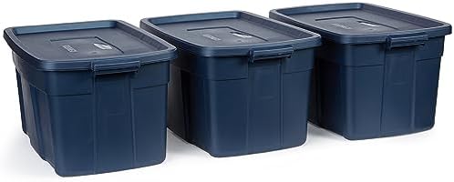 Rubbermaid Roughneck Tote 31 Gal, 3 Pack, Made in USA, Dark Indigo Metallic, Rugged Plastic Stackable Storage Bins with Lids and Handles