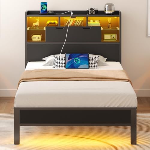 Rolanstar Twin Bed Frame with Headboard, LED Bed with Bookcase Storage and Charging Station, Metal Platform Bed with Glass Shelves, No Box Spring Needed, Noise-Free, Black