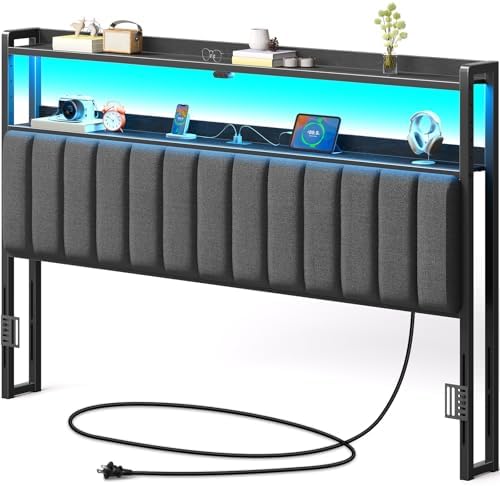 Rolanstar Headboard for King Size Bed with Storage, 60,000 DIY Color of LED Light, Head Board with USB & Type C Port, Height Adjustable, Black Upholstered Cabeceras de Cama Comfortable Modern, Linen