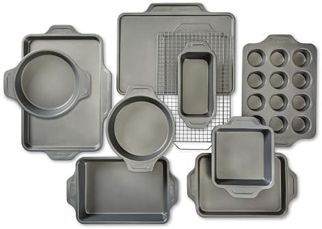 All-Clad Pro-Release Nonstick Bakeware Set 10 Piece Oven Safe 450F Half Sheet, Cookie Sheet, Muffin Pan, Cooling & Baking Rack, Round Cake Pan, Loaf Pan, Baking Pan Grey
