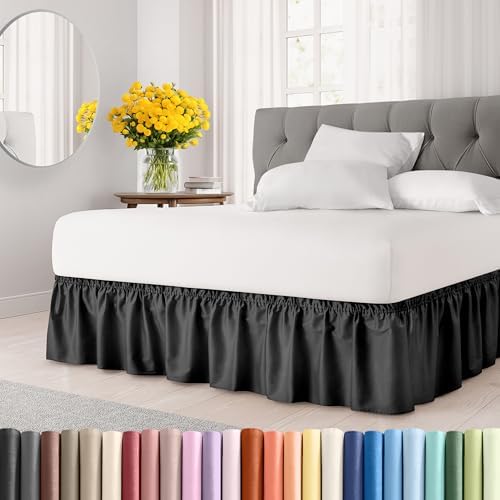 Wrap Around Dust Ruffle Bed Skirt - Black - for Queen Size Beds with 15 Inch Drop - Easy Fit Elastic Strap - Adjustable Pleated Bedskirt w/Brushed Fabric - Wrinkle Free - for Women, Men, Kids & Teens