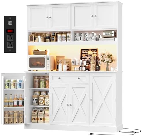HIFIT 72.8” Tall Kitchen Pantry Cabinet with LED & Charging Station, 55” Wide Farmhouse Pantry Storage Cabinet with Microwave Stand&Shelves&Barn Doors, Kitchen Hutch Coffee Bar for Living Room, White