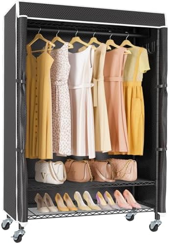 VIPEK R3C Rolling Clothes Rack with Cover Portable Closet for Hanging Clothes, Heavy Duty Garment Rack Freestanding Racks with Wheels&Side Hooks, Black Rack with Black Upgraded Polyester Cover