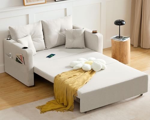 3 in 1 Convertible Sofa Bed, 56" Full Size Loveseat Sleeper Sofa Couch Bed, Sleeper Sofa Bed with Storage Pocket, USB, Comfy Pull Out Sofa Bed for Living Room, Bedroom, Small Space, Beige