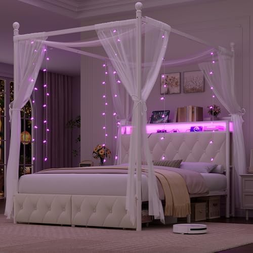 HIFIT Queen Size Upholstered LED Canopy Bed Frame with Storage and Charging Station, Button Tufted Storage Headboard with Bookshelf, Two-Use Metal Platform Bed with 4 Removable Post & 2 Drawers, Biege
