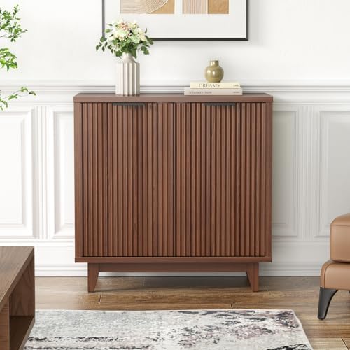 Fluted Cabinet with Storage, 2 Doors Sideboard Buffet, Mid Century Modern Accent Cabinet with Adjustable Shelves, Multifunctional Console Table with Storage for Living Room, Kitchen, Entryway