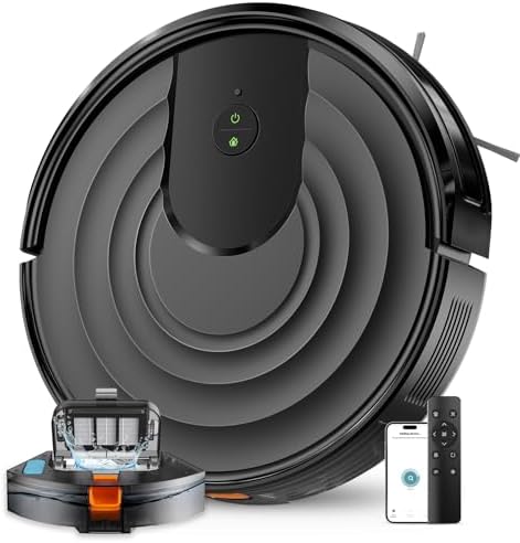 Robot Vacuum and Mop Combo, Robotic Vacuum Cleaner 5000Pa Strong Suction 130 Mins Runtime, Slim, Low Noise, Automatic Self-Charging, Wi-Fi/App/Alexa Control, Ideal for Hard Floor, Carpet, Pet Hair