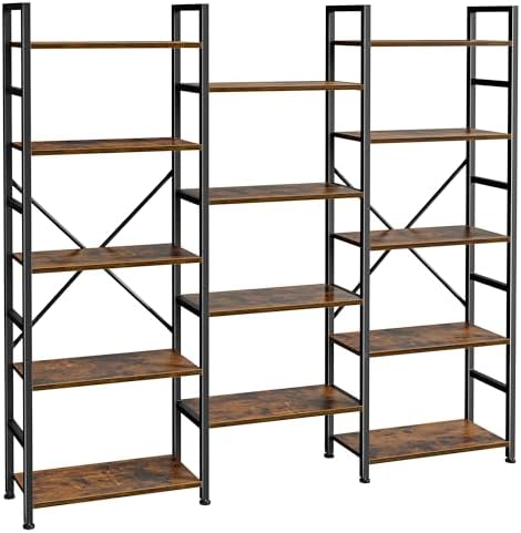 SUPERJARE Triple 5 Tier Bookshelf, Bookcase with 14 Open Display Shelves, Wide Book Shelf Book Case for Home & Office, Rustic Brown