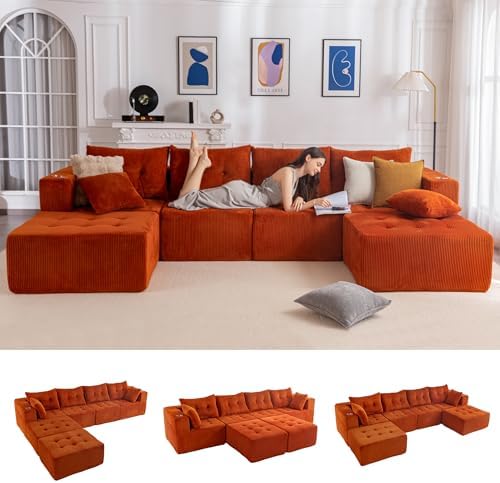 MAXYOYO Modular Sectional Sofa Couch, U Shaped Modern Cloud Couch with 2 Ottomans, Sofa in A Box, Tufted 6-Seat Boneless Sleeper Chair for Living Room, No Assembly Required, Orange