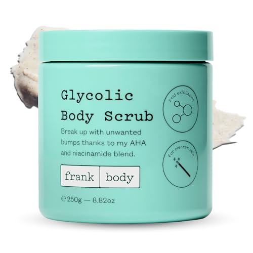frank body Glycolic Acid Body Scrub | Exfoliating Scrub with Lactic Acid, Pumice, Witch Hazel & Niacinamide | Banishes KP & Bumps, Soothes & Tighten Pores | 250g/8.82 oz
