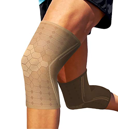 Sparthos Knee Compression Sleeves by (Pair) – Support for Sports, Running – Knee Brace for Men and Women – Elder ACL PCL Bursitis Meniscus Tear Patella - Check Size Chart (Beige-XL, 12-14½″ Thigh)