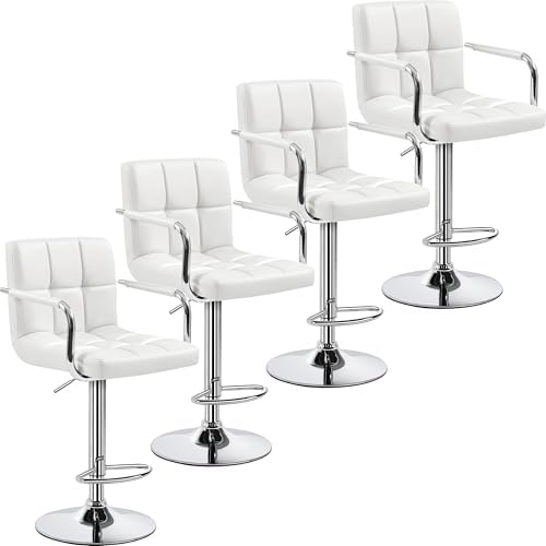 Yaheetech Bart Stools Set of 4, PU Leather Adjustable Barstools with Armrest, Counter Height Stool Chairs with Thickened Seat Cushion for Kitchen Island, White