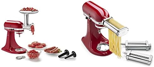 KitchenAid 3-Piece Pasta Roller & Cutter Set Attachment, Silver and KSMMGA Metal Food Grinder Attachment, Silver