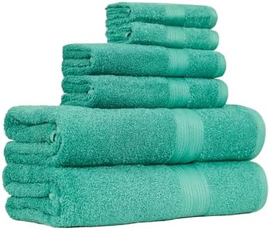 Amazon Basics 6 Piece Oversized Fade resistant Towel set, 100% Cotton towels for bathroom, soft and absorbent, 2 Bath Towels, 2 Hand Towels and 2 Washcloths bathroom towel set, Teal