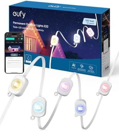 eufy Permanent Outdoor Lights E22, 100ft with 60 Triple-LED Lights, Smart RGBWW Christmas Lights, Daily and Holiday, IP67 Waterproof, AI Lighting Themes for Christmas Decorations, Links with Cameras