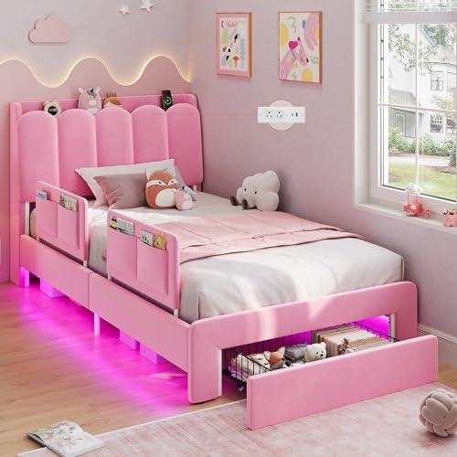 DICTAC Twin Size Princess Bed Frame with Storage Drawer and Safety Guardrails, LED Velvet Upholstered Platform Bed for Girls with Wavy Storage Headboard,Charging Station,Heavy Duty Metal Support, Pink