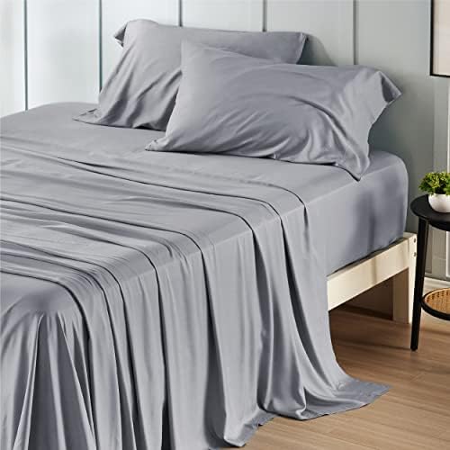 Bedsure California King Sheet Set, Cooling Sheets, Rayon Derived from Bamboo, Breathable & Soft Deep Pocket Up to 16 Inches, Hotel Luxury Silky Bedding, Bedsheet & Pillowcases, Silver Grey