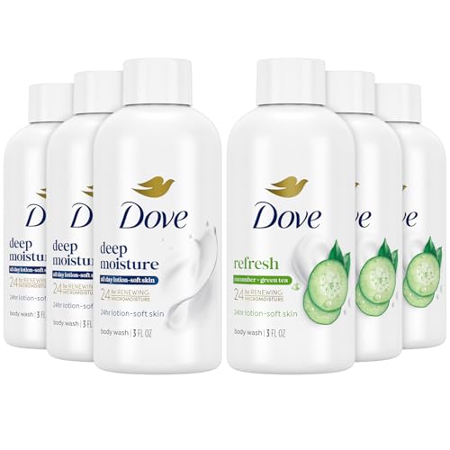 Dove Body Wash Travel Size Variety 6-Pack – Refresh Cucumber & Green Tea + Deep Moisture, 24H Renewing Moisture for Soft Skin, 3 Oz Ea