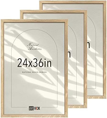 VCK 24x36 Poster Frame Set of 3 - Natural Solid Wood, Exclusive Wood Grain Picture Frame, Wall Hanging