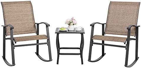 Shintenchi 3 Piece Rocking Bistro Set, Outdoor Furniture with Rocker Chairs and Glass Coffee Table Set of 3, Balcony, Porch Furniture for Small Space, Brown